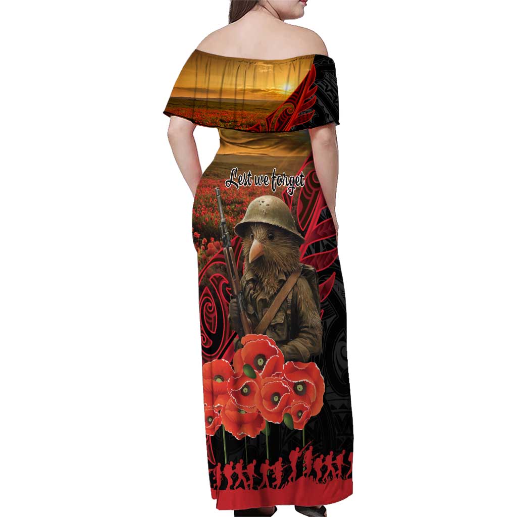 Maori Kiwi Soldier Fern Tattoo ANZAC Day Family Matching Off Shoulder Maxi Dress and Hawaiian Shirt Lest We Forget LT9 - Polynesian Pride