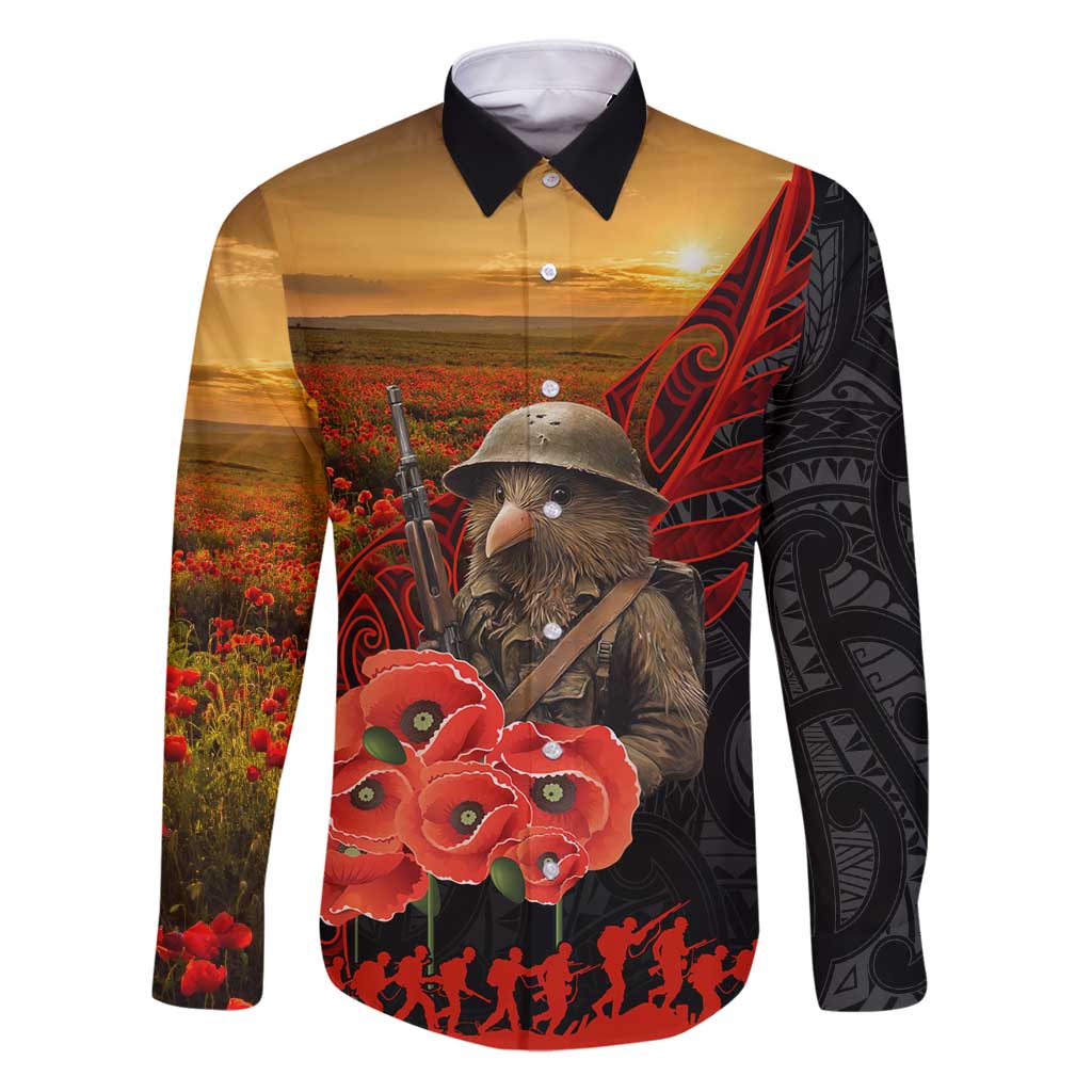 Maori Kiwi Soldier Fern Tattoo ANZAC Day Family Matching Puletasi and Hawaiian Shirt Lest We Forget LT9 Dad's Shirt - Long Sleeve Black - Polynesian Pride