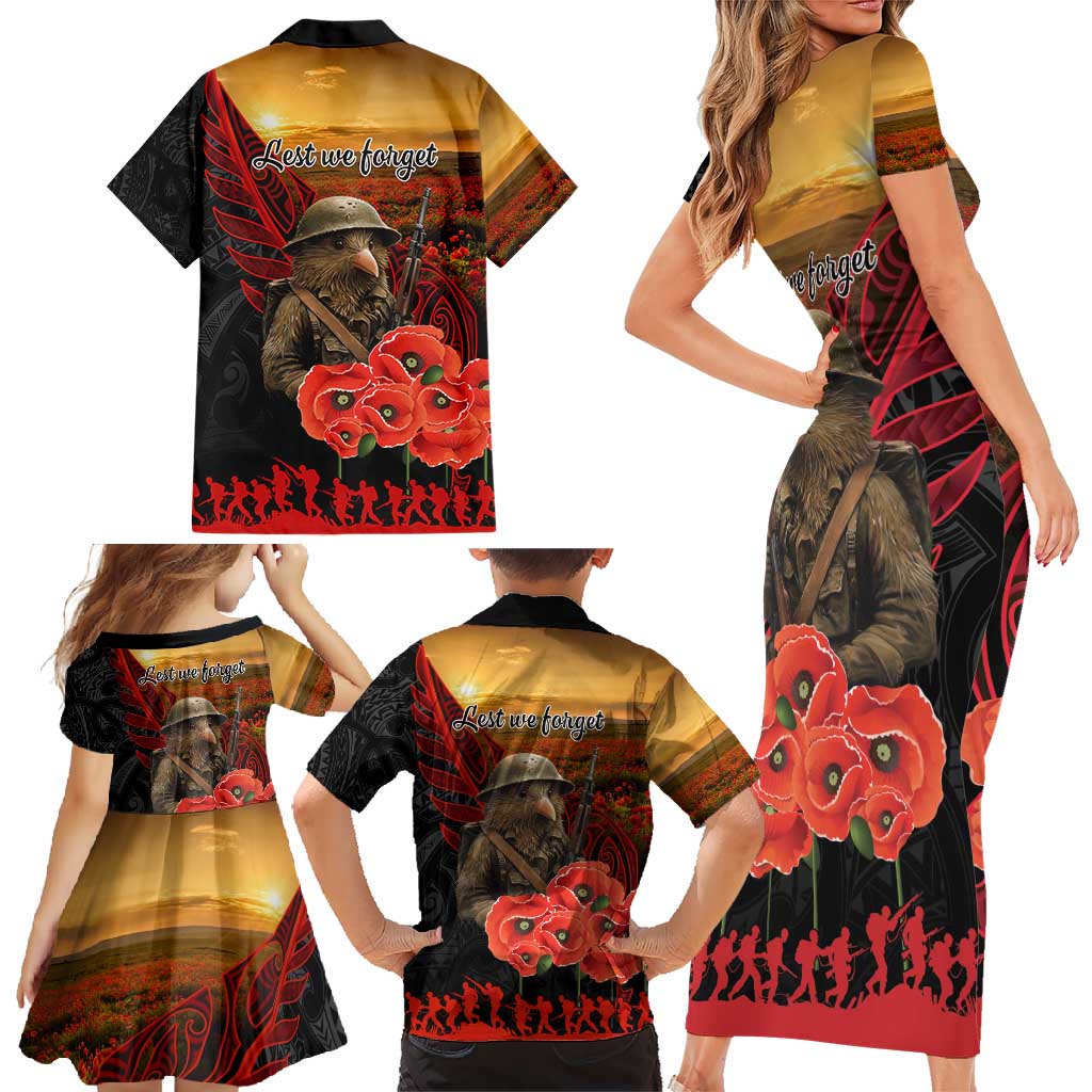 Maori Kiwi Soldier Fern Tattoo ANZAC Day Family Matching Short Sleeve Bodycon Dress and Hawaiian Shirt Lest We Forget LT9 - Polynesian Pride