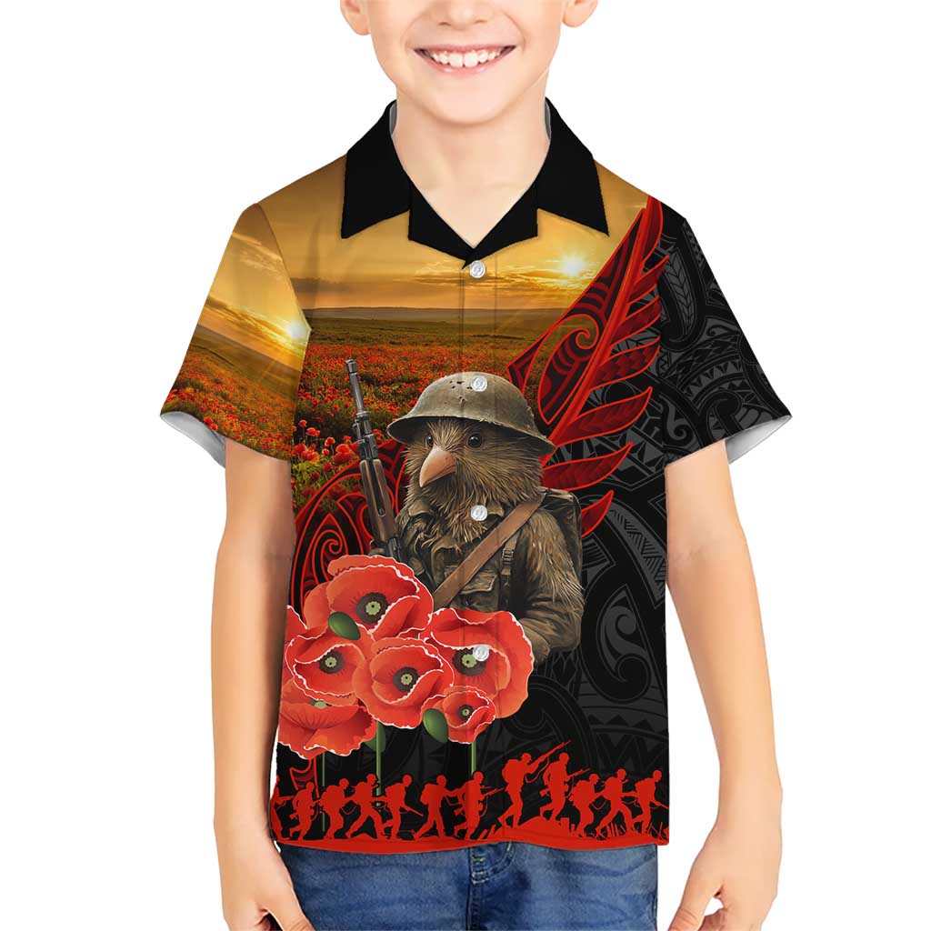 Maori Kiwi Soldier Fern Tattoo ANZAC Day Kid Hawaiian Shirt Lest We Forget LT9 Kid Black - Polynesian Pride