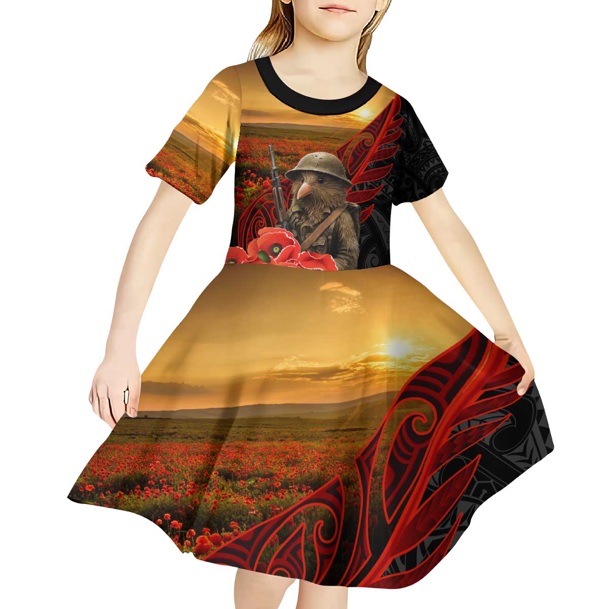 Maori Kiwi Soldier Fern Tattoo ANZAC Day Kid Short Sleeve Dress Lest We Forget LT9 - Polynesian Pride