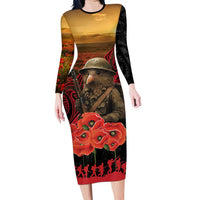 Maori Kiwi Soldier Fern Tattoo ANZAC Day Long Sleeve Bodycon Dress Lest We Forget LT9 Long Dress Black - Polynesian Pride