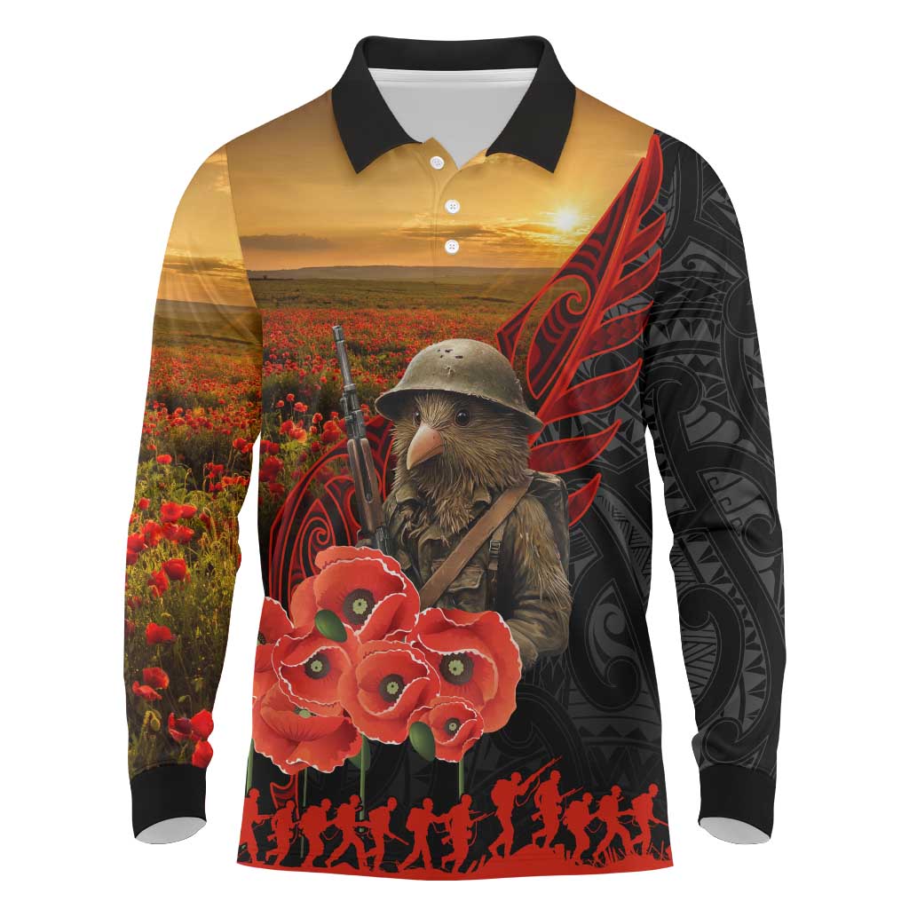 Maori Kiwi Soldier Fern Tattoo ANZAC Day Long Sleeve Polo Shirt Lest We Forget LT9 Black - Polynesian Pride