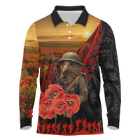 Maori Kiwi Soldier Fern Tattoo ANZAC Day Long Sleeve Polo Shirt Lest We Forget LT9 Black - Polynesian Pride