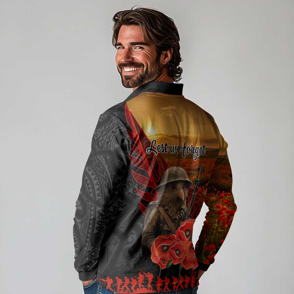 Maori Kiwi Soldier Fern Tattoo ANZAC Day Long Sleeve Polo Shirt Lest We Forget LT9 - Polynesian Pride