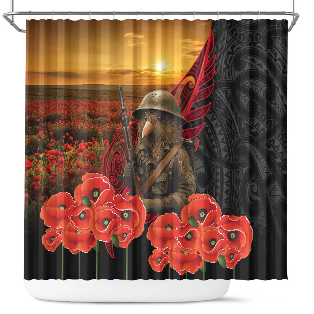 Maori Kiwi Soldier Fern Tattoo ANZAC Day Shower Curtain Lest We Forget LT9 Black - Polynesian Pride