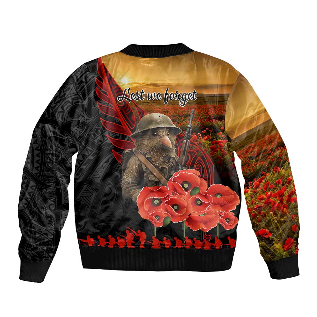Maori Kiwi Soldier Fern Tattoo ANZAC Day Sleeve Zip Bomber Jacket Lest We Forget