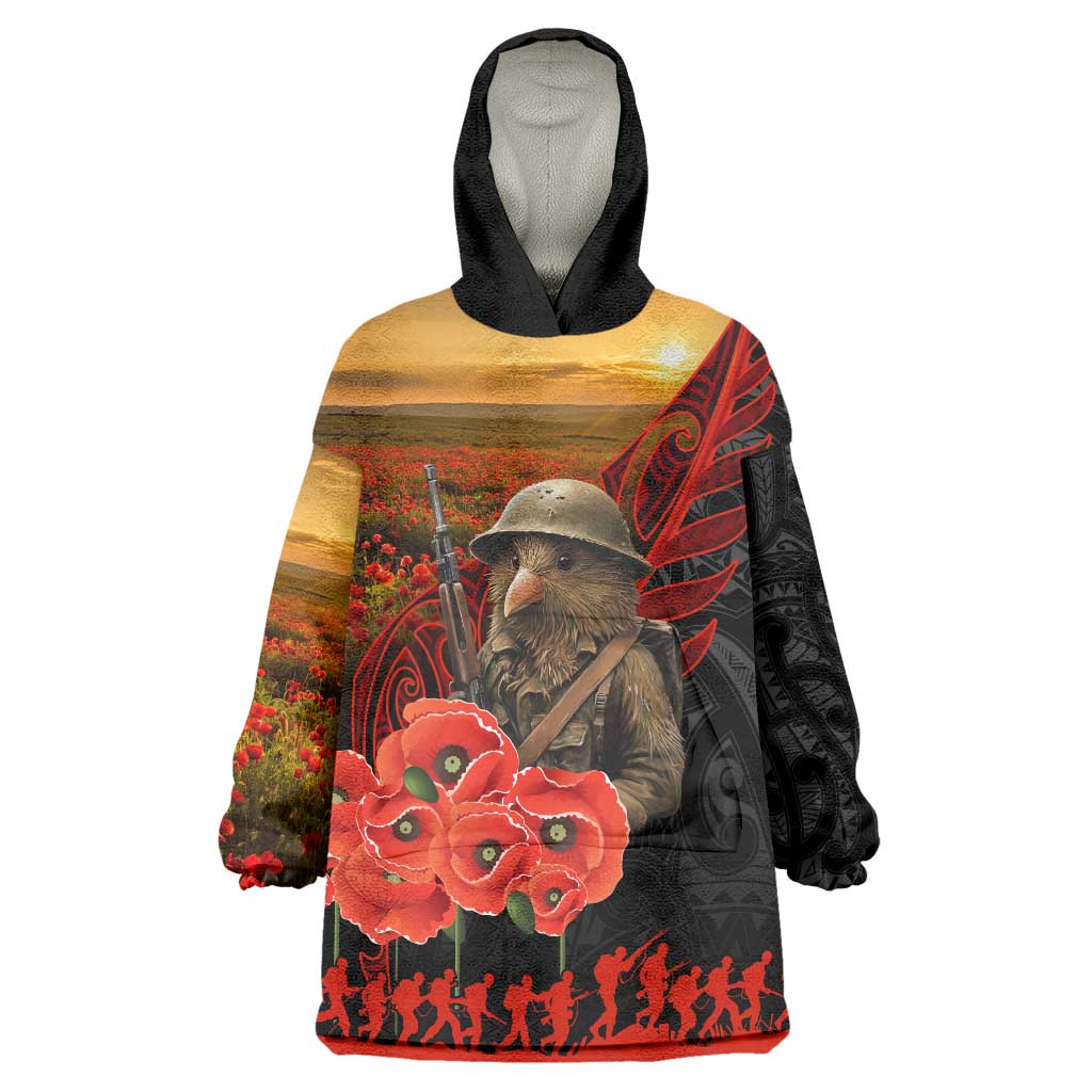 Maori Kiwi Soldier Fern Tattoo ANZAC Day Wearable Blanket Hoodie Lest We Forget LT9 One Size Black - Polynesian Pride