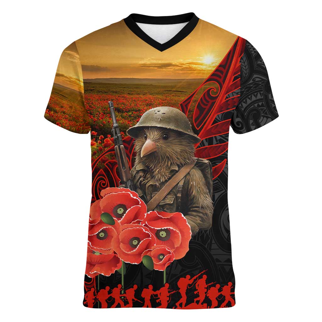 Maori Kiwi Soldier Fern Tattoo ANZAC Day Women V-Neck T-Shirt Lest We Forget LT9 Female Black - Polynesian Pride