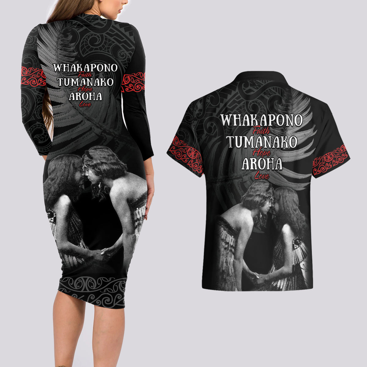 New Zealand Mother's Day Couples Matching Long Sleeve Bodycon Dress and Hawaiian Shirt Maori Hongi Aroha Ahau Ki A Koe Mama LT9 - Polynesian Pride