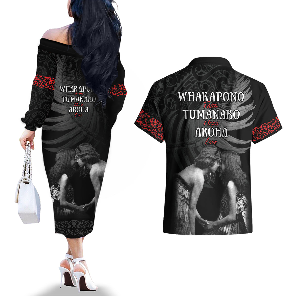 New Zealand Mother's Day Couples Matching Off The Shoulder Long Sleeve Dress and Hawaiian Shirt Maori Hongi Aroha Ahau Ki A Koe Mama LT9 - Polynesian Pride