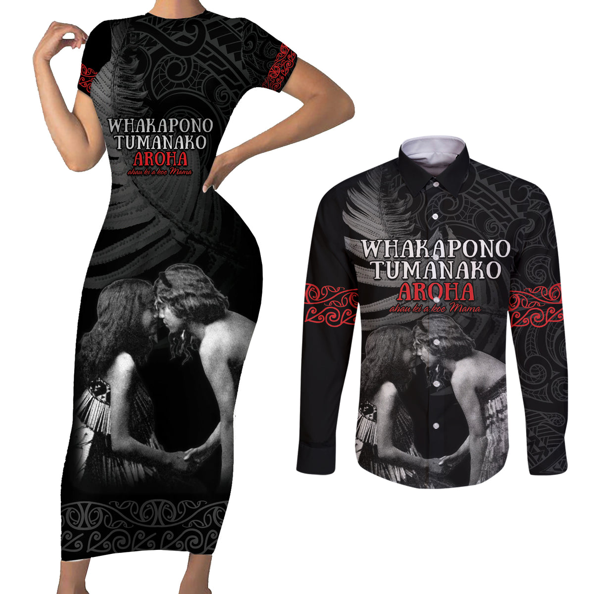 New Zealand Mother's Day Couples Matching Short Sleeve Bodycon Dress and Long Sleeve Button Shirt Maori Hongi Aroha Ahau Ki A Koe Mama LT9 Black - Polynesian Pride