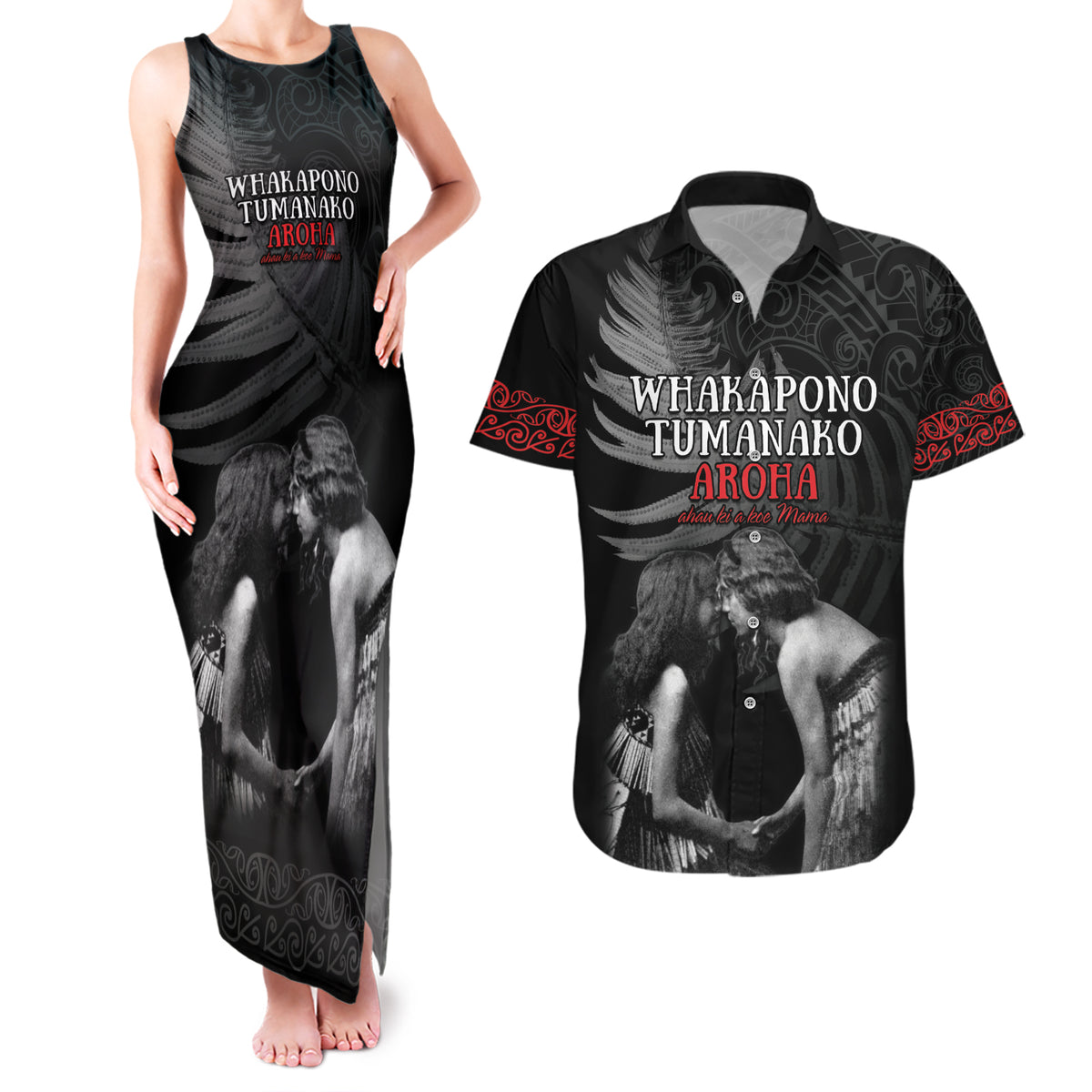 New Zealand Mother's Day Couples Matching Tank Maxi Dress and Hawaiian Shirt Maori Hongi Aroha Ahau Ki A Koe Mama LT9 Black - Polynesian Pride