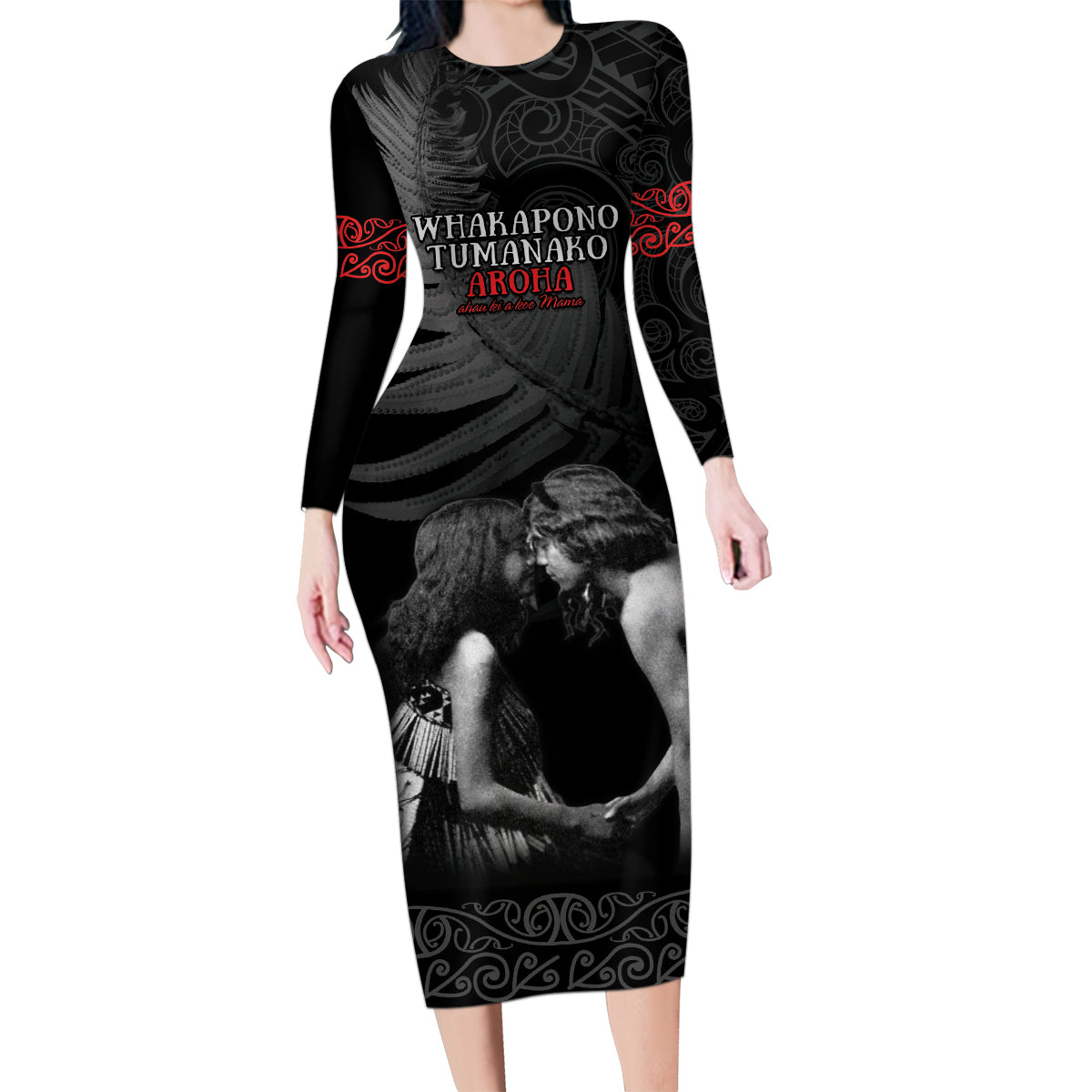 New Zealand Mother's Day Family Matching Long Sleeve Bodycon Dress and Hawaiian Shirt Maori Hongi Aroha Ahau Ki A Koe Mama LT9 Mom's Dress Black - Polynesian Pride