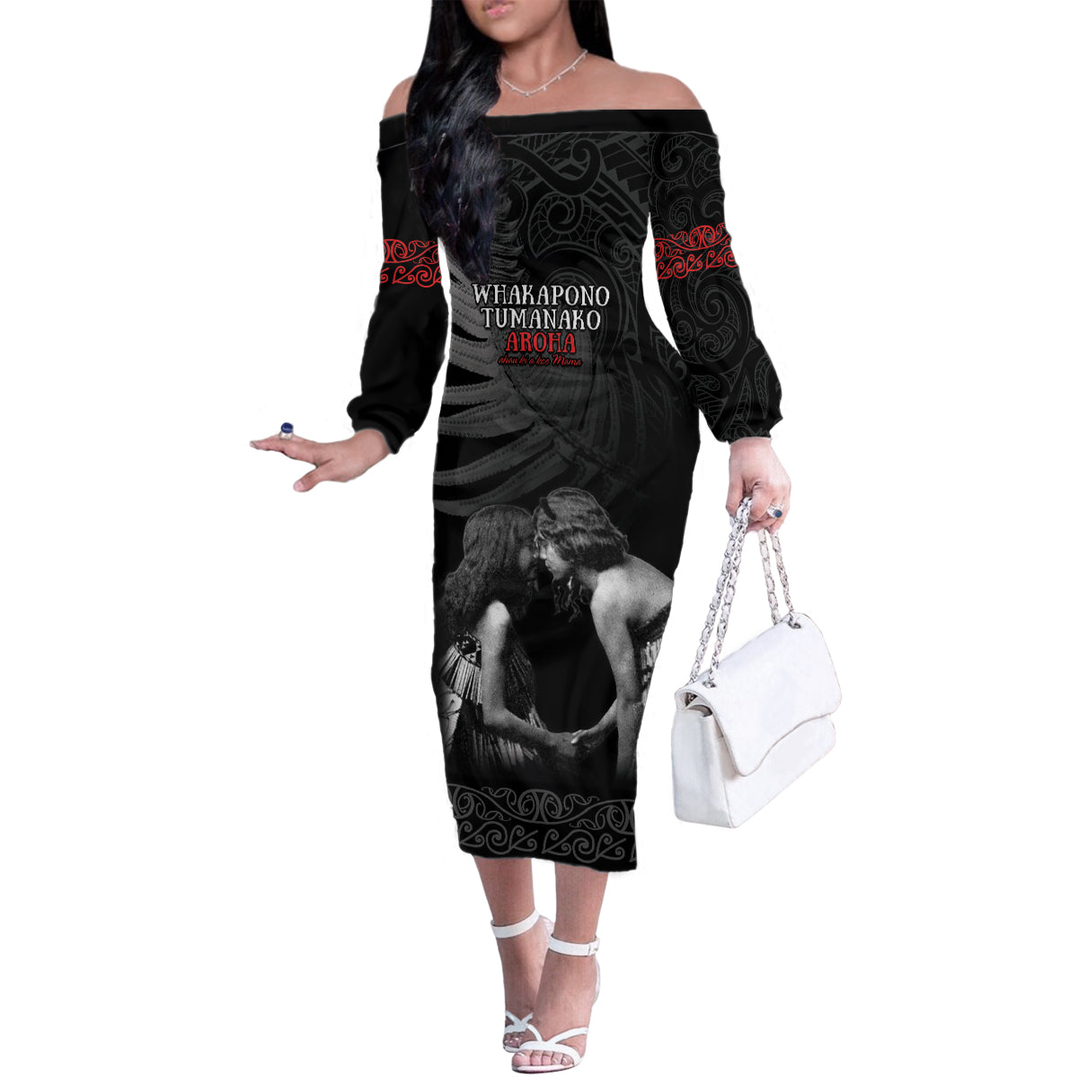 New Zealand Mother's Day Family Matching Off The Shoulder Long Sleeve Dress and Hawaiian Shirt Maori Hongi Aroha Ahau Ki A Koe Mama LT9 Mom's Dress Black - Polynesian Pride