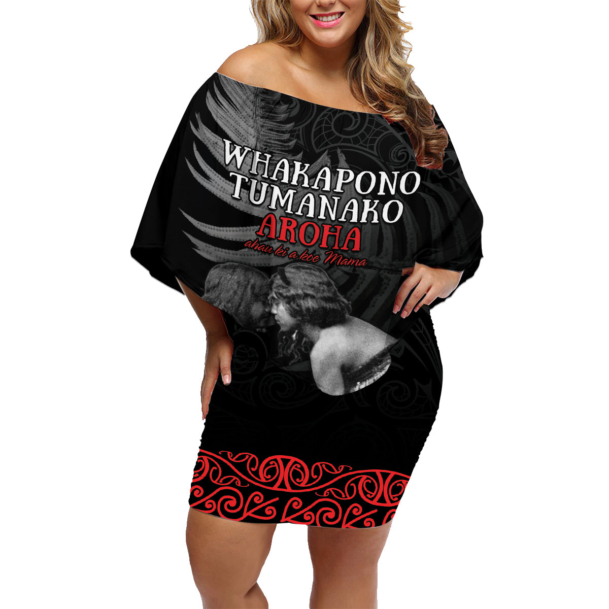 New Zealand Mother's Day Family Matching Off Shoulder Short Dress and Hawaiian Shirt Maori Hongi Aroha Ahau Ki A Koe Mama LT9 Mom's Dress Black - Polynesian Pride