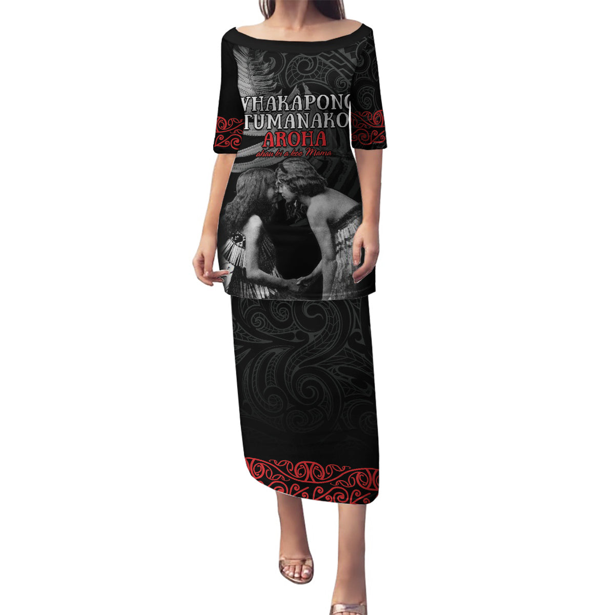 New Zealand Mother's Day Family Matching Puletasi and Hawaiian Shirt Maori Hongi Aroha Ahau Ki A Koe Mama LT9 Mom's Dress Black - Polynesian Pride