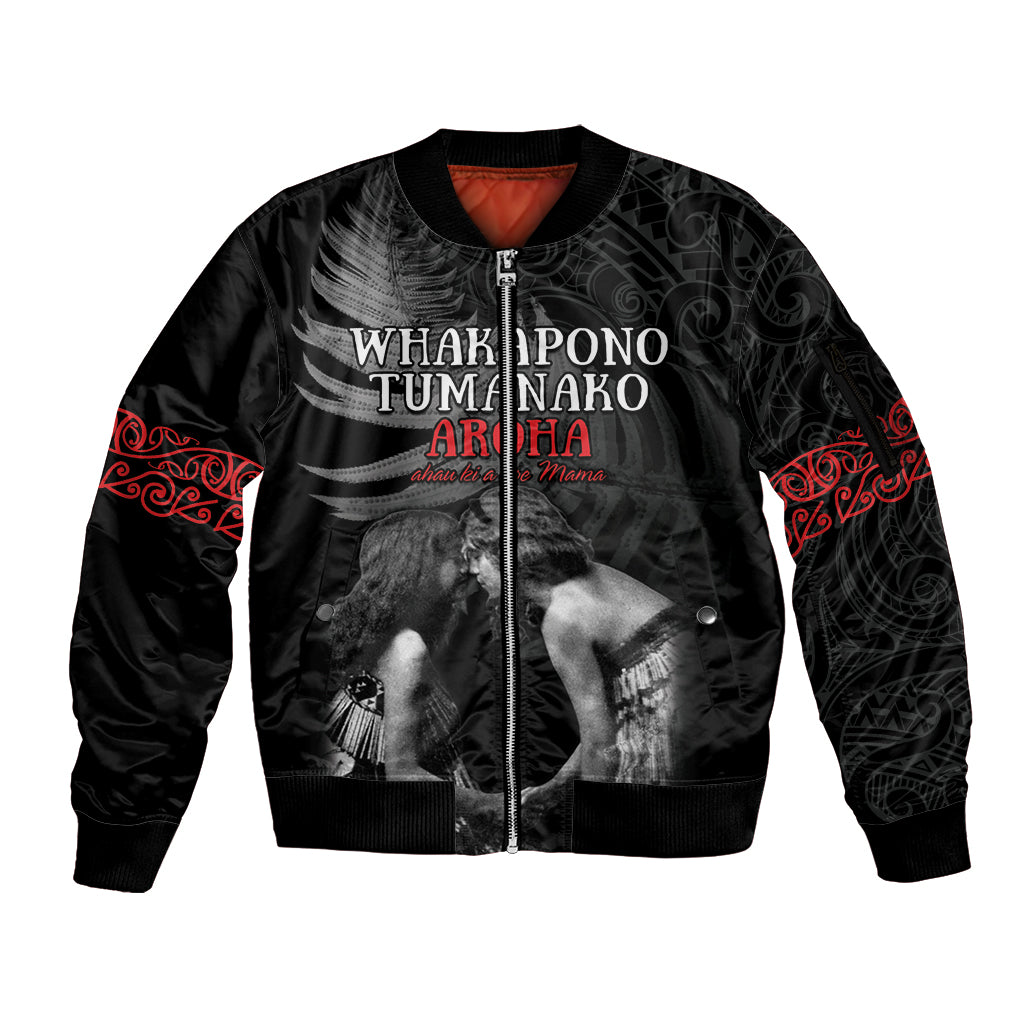 New Zealand Mother's Day Sleeve Zip Bomber Jacket Maori Hongi Aroha Ahau Ki A Koe Mama LT9 Unisex Black - Polynesian Pride
