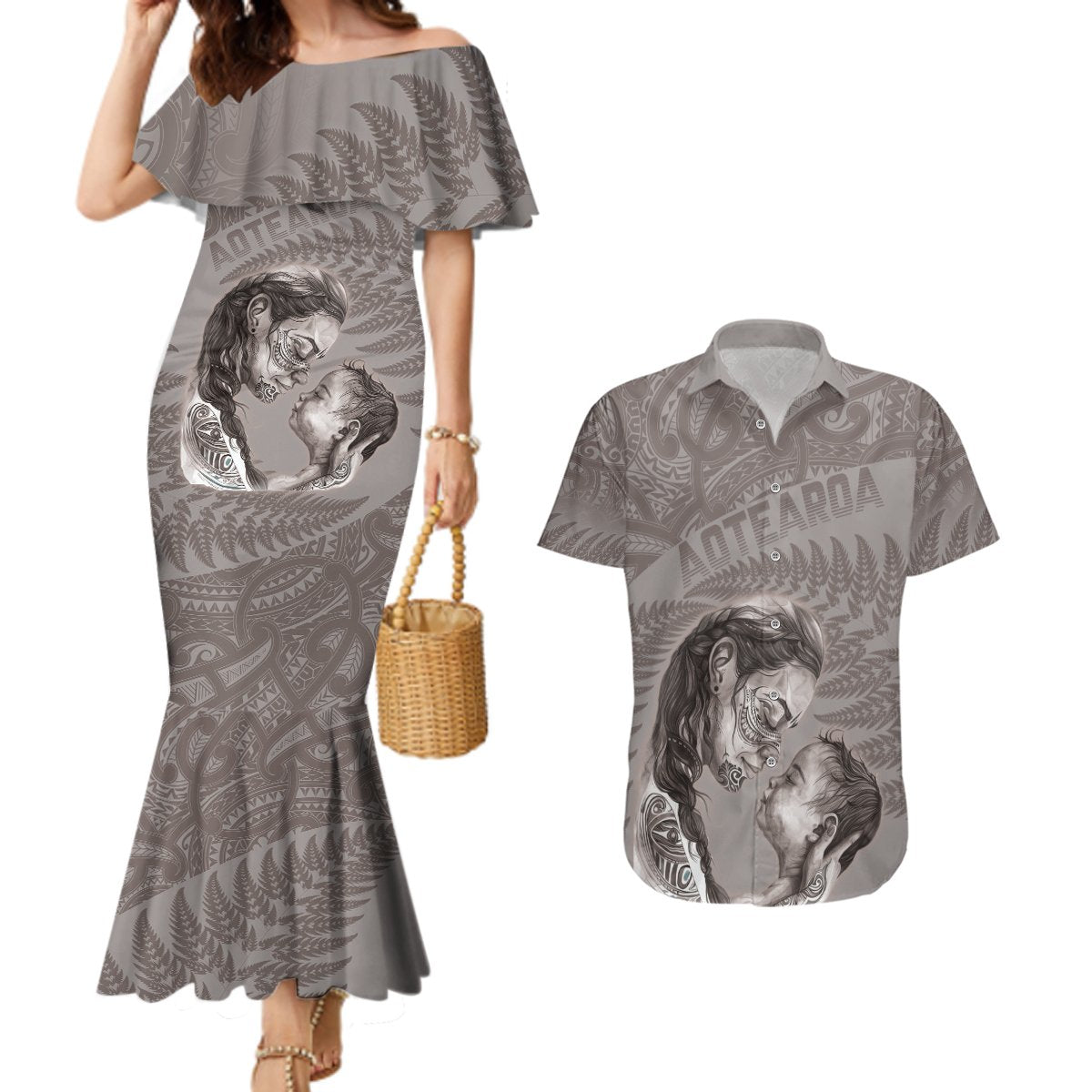 New Zealand Mother's Day Couples Matching Mermaid Dress and Hawaiian Shirt Maori Mo Toku Mama Silver Fern LT9 Nude - Polynesian Pride