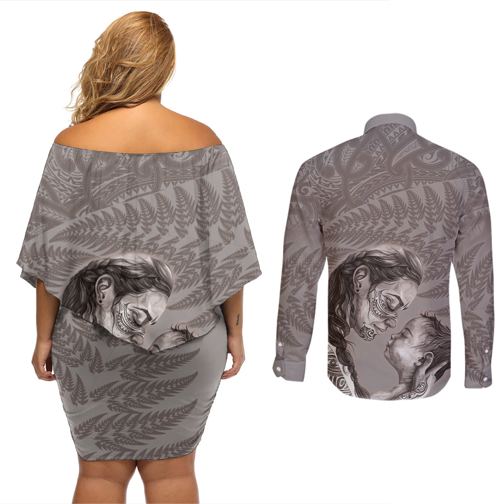 New Zealand Mother's Day Couples Matching Off Shoulder Short Dress and Long Sleeve Button Shirt Maori Mo Toku Mama Silver Fern LT9 - Polynesian Pride