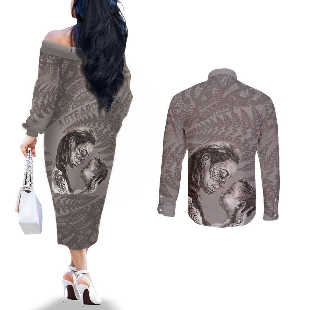 New Zealand Mother's Day Couples Matching Off The Shoulder Long Sleeve Dress and Long Sleeve Button Shirt Maori Mo Toku Mama Silver Fern LT9 - Polynesian Pride