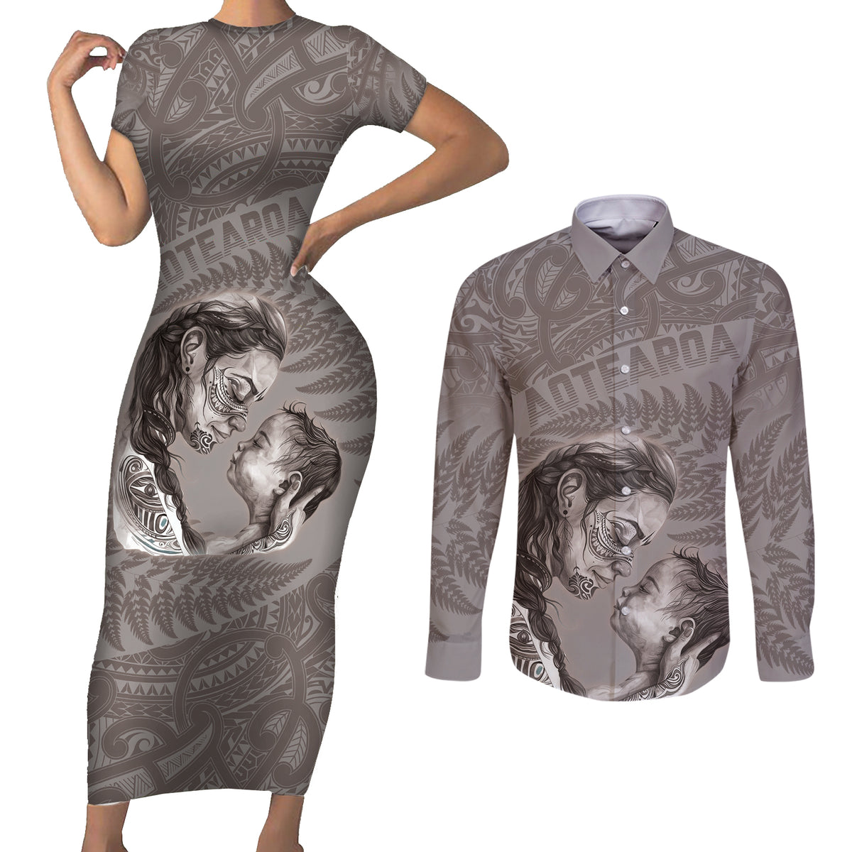 New Zealand Mother's Day Couples Matching Short Sleeve Bodycon Dress and Long Sleeve Button Shirt Maori Mo Toku Mama Silver Fern LT9 Nude - Polynesian Pride