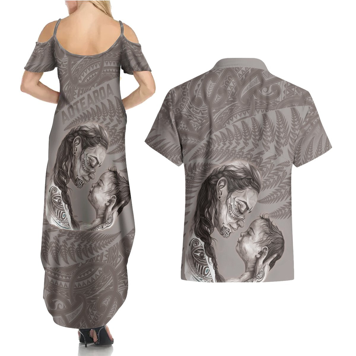 New Zealand Mother's Day Couples Matching Summer Maxi Dress and Hawaiian Shirt Maori Mo Toku Mama Silver Fern LT9 - Polynesian Pride
