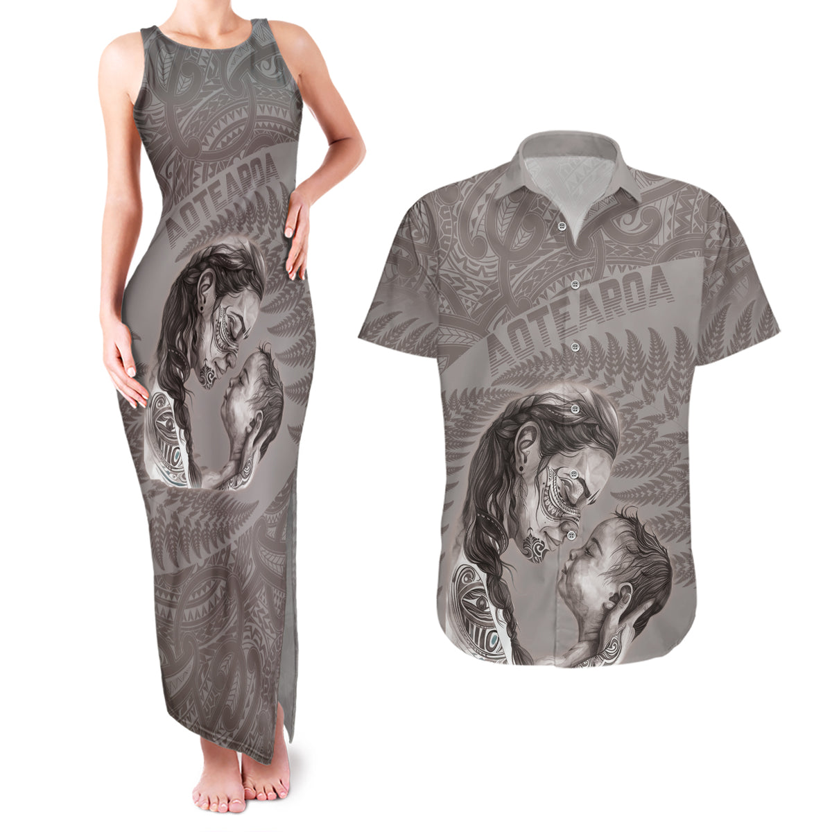 New Zealand Mother's Day Couples Matching Tank Maxi Dress and Hawaiian Shirt Maori Mo Toku Mama Silver Fern LT9 Nude - Polynesian Pride