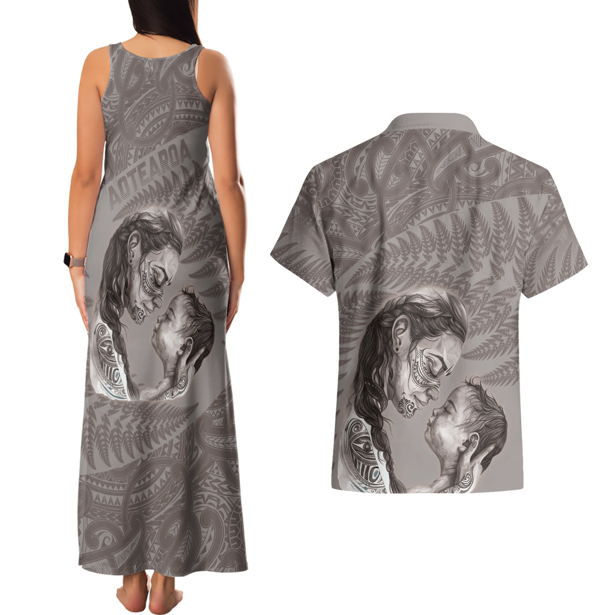 New Zealand Mother's Day Couples Matching Tank Maxi Dress and Hawaiian Shirt Maori Mo Toku Mama Silver Fern LT9 - Polynesian Pride