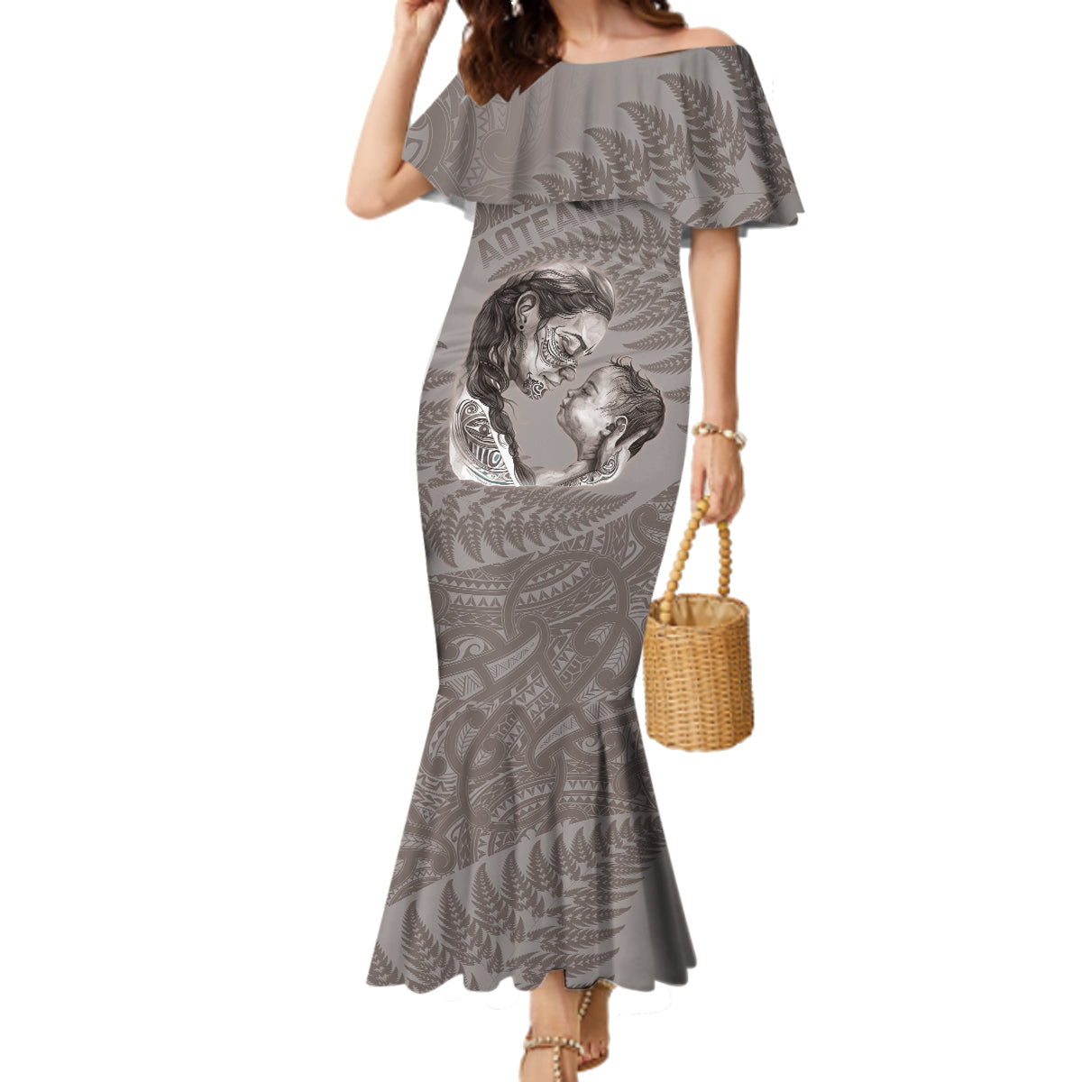 New Zealand Mother's Day Family Matching Mermaid Dress and Hawaiian Shirt Maori Mo Toku Mama Silver Fern LT9 Mom's Dress Nude - Polynesian Pride