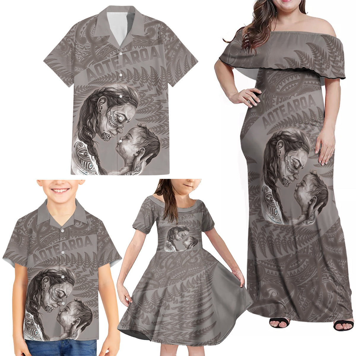 New Zealand Mother's Day Family Matching Off Shoulder Maxi Dress and Hawaiian Shirt Maori Mo Toku Mama Silver Fern LT9 - Polynesian Pride