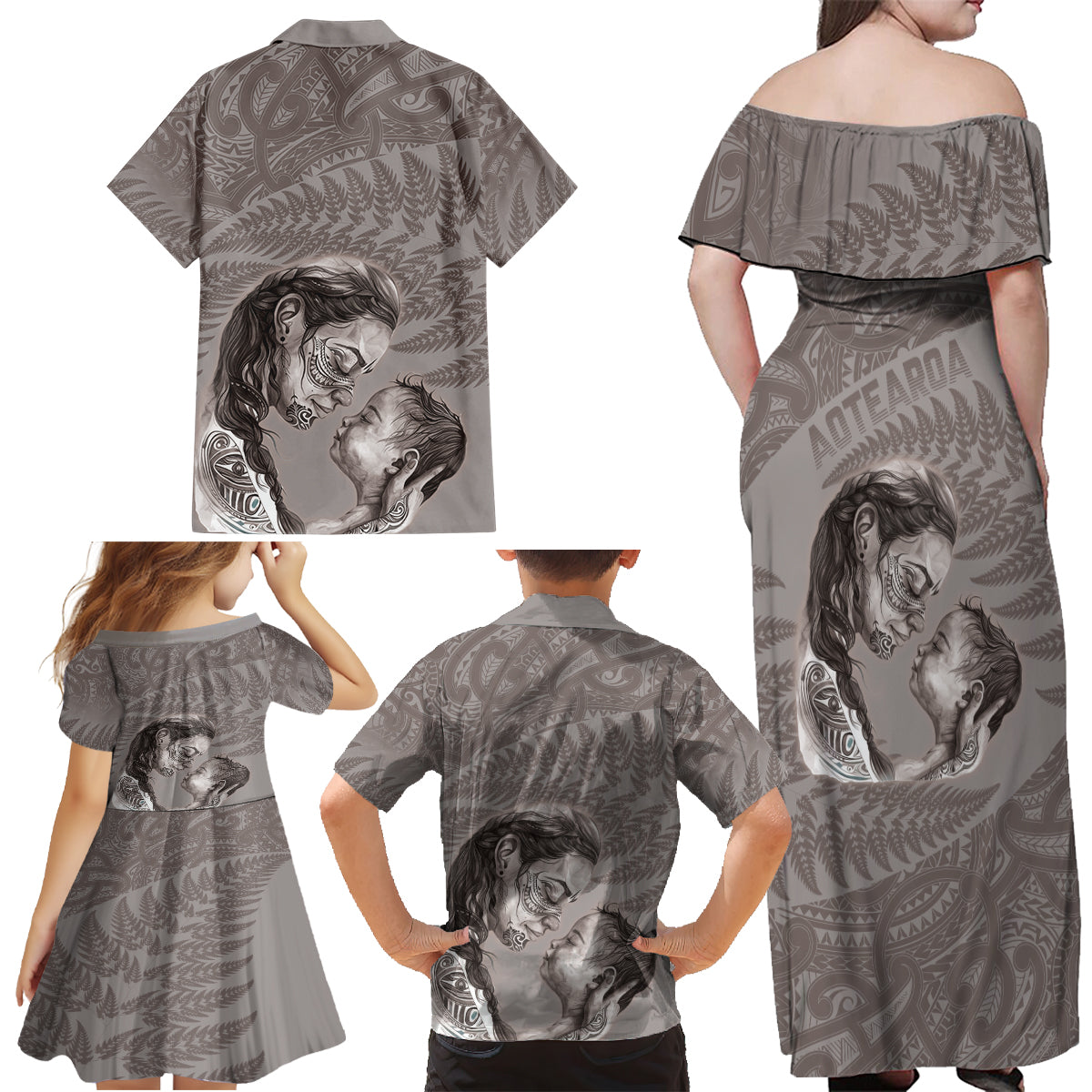 New Zealand Mother's Day Family Matching Off Shoulder Maxi Dress and Hawaiian Shirt Maori Mo Toku Mama Silver Fern LT9 - Polynesian Pride