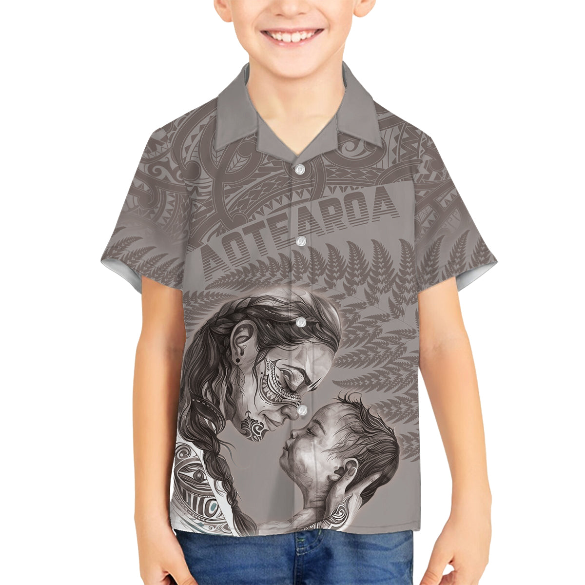 New Zealand Mother's Day Family Matching Off Shoulder Short Dress and Hawaiian Shirt Maori Mo Toku Mama Silver Fern LT9 Son's Shirt Nude - Polynesian Pride