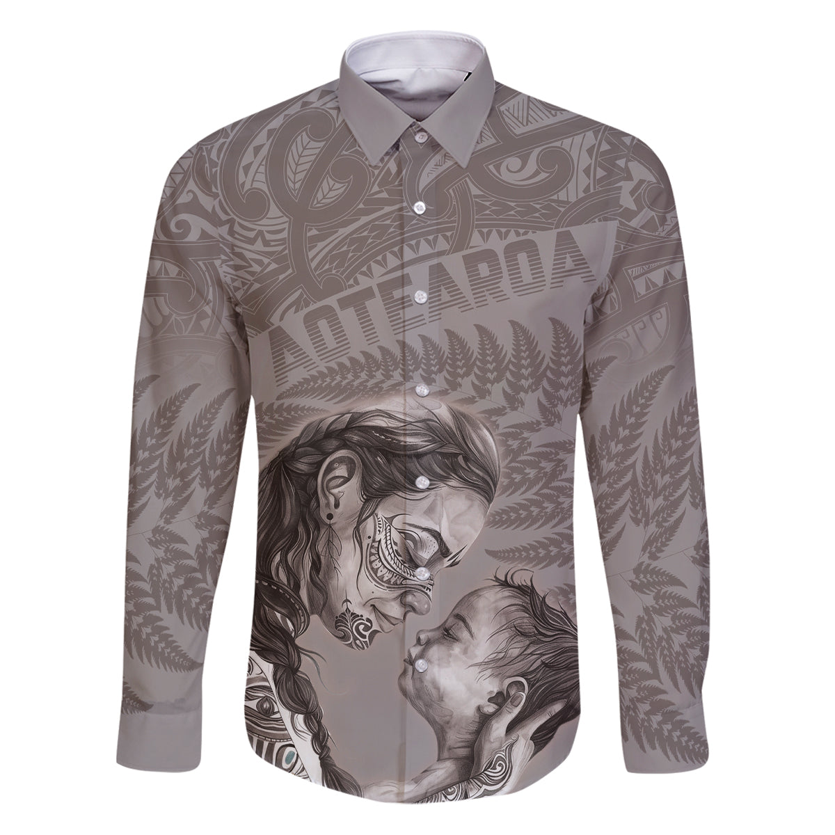 New Zealand Mother's Day Family Matching Puletasi and Hawaiian Shirt Maori Mo Toku Mama Silver Fern LT9 Dad's Shirt - Long Sleeve Nude - Polynesian Pride