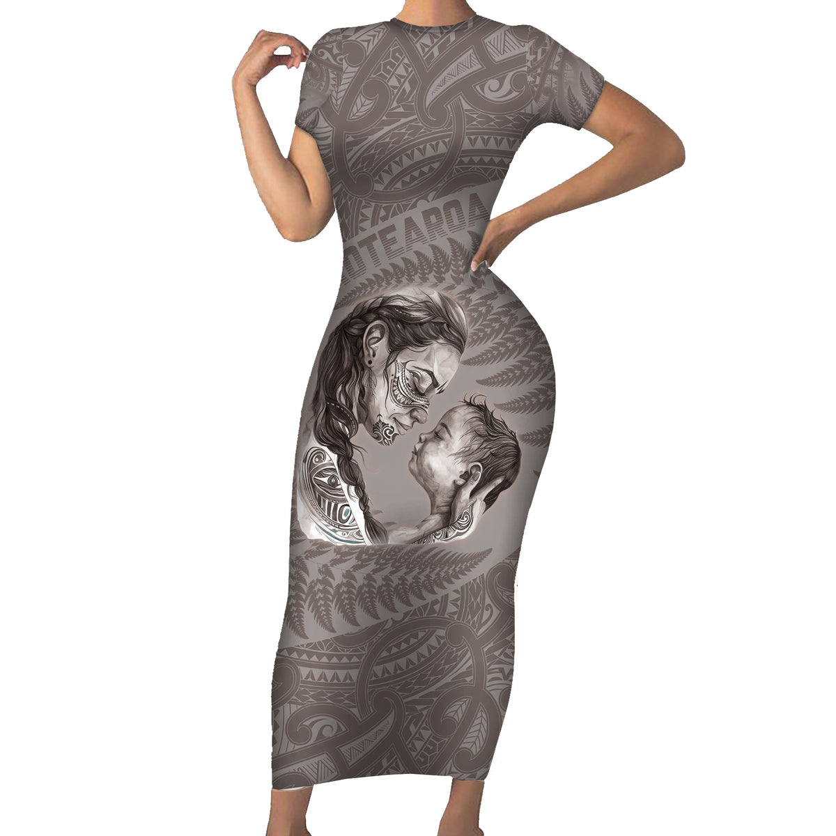 New Zealand Mother's Day Family Matching Short Sleeve Bodycon Dress and Hawaiian Shirt Maori Mo Toku Mama Silver Fern LT9 Mom's Dress Nude - Polynesian Pride