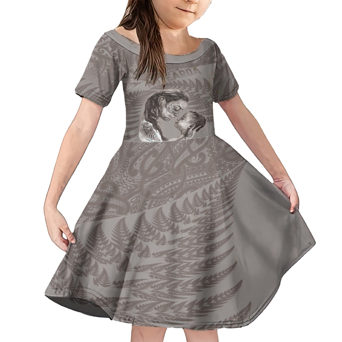 New Zealand Mother's Day Family Matching Summer Maxi Dress and Hawaiian Shirt Maori Mo Toku Mama Silver Fern LT9 Daughter's Dress Nude - Polynesian Pride