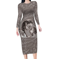 New Zealand Mother's Day Long Sleeve Bodycon Dress Maori Mo Toku Mama Silver Fern LT9 Long Dress Nude - Polynesian Pride