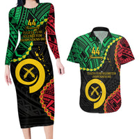 Personalised Vanuatu 44th Anniversary Couples Matching Long Sleeve Bodycon Dress and Hawaiian Shirt Tugeta Yumi Selebretem Indipendens Dei LT9 Black - Polynesian Pride