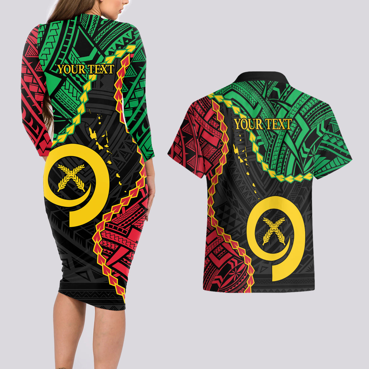 Personalised Vanuatu 44th Anniversary Couples Matching Long Sleeve Bodycon Dress and Hawaiian Shirt Tugeta Yumi Selebretem Indipendens Dei LT9 - Polynesian Pride