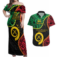 Personalised Vanuatu 44th Anniversary Couples Matching Off Shoulder Maxi Dress and Hawaiian Shirt Tugeta Yumi Selebretem Indipendens Dei LT9 Black - Polynesian Pride