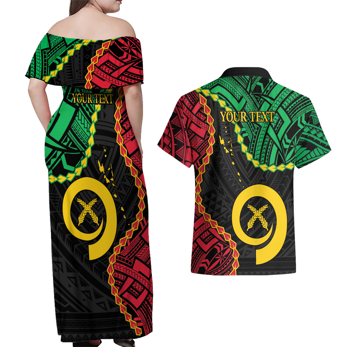 Personalised Vanuatu 44th Anniversary Couples Matching Off Shoulder Maxi Dress and Hawaiian Shirt Tugeta Yumi Selebretem Indipendens Dei LT9 - Polynesian Pride