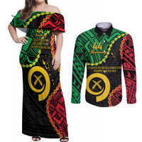 Personalised Vanuatu 44th Anniversary Couples Matching Off Shoulder Maxi Dress and Long Sleeve Button Shirt Tugeta Yumi Selebretem Indipendens Dei LT9 Black - Polynesian Pride