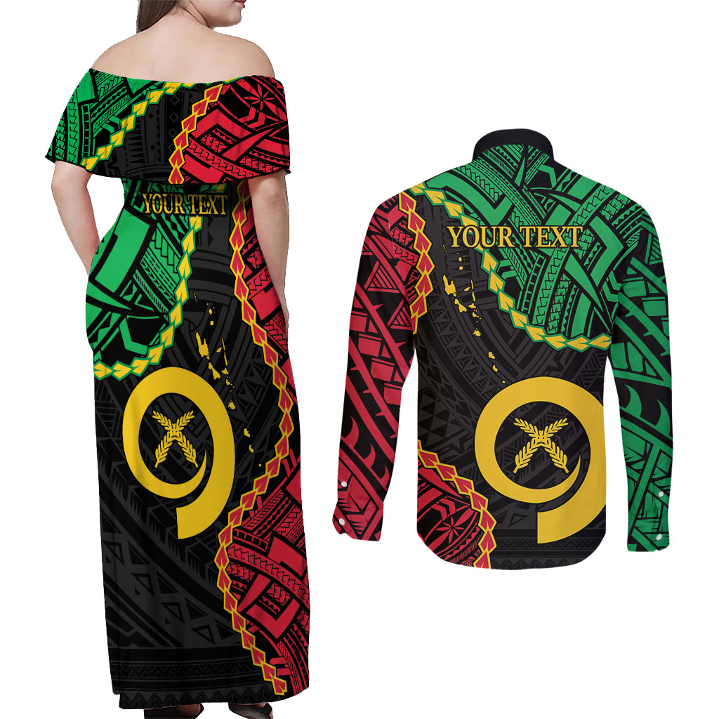 Personalised Vanuatu 44th Anniversary Couples Matching Off Shoulder Maxi Dress and Long Sleeve Button Shirt Tugeta Yumi Selebretem Indipendens Dei LT9 - Polynesian Pride