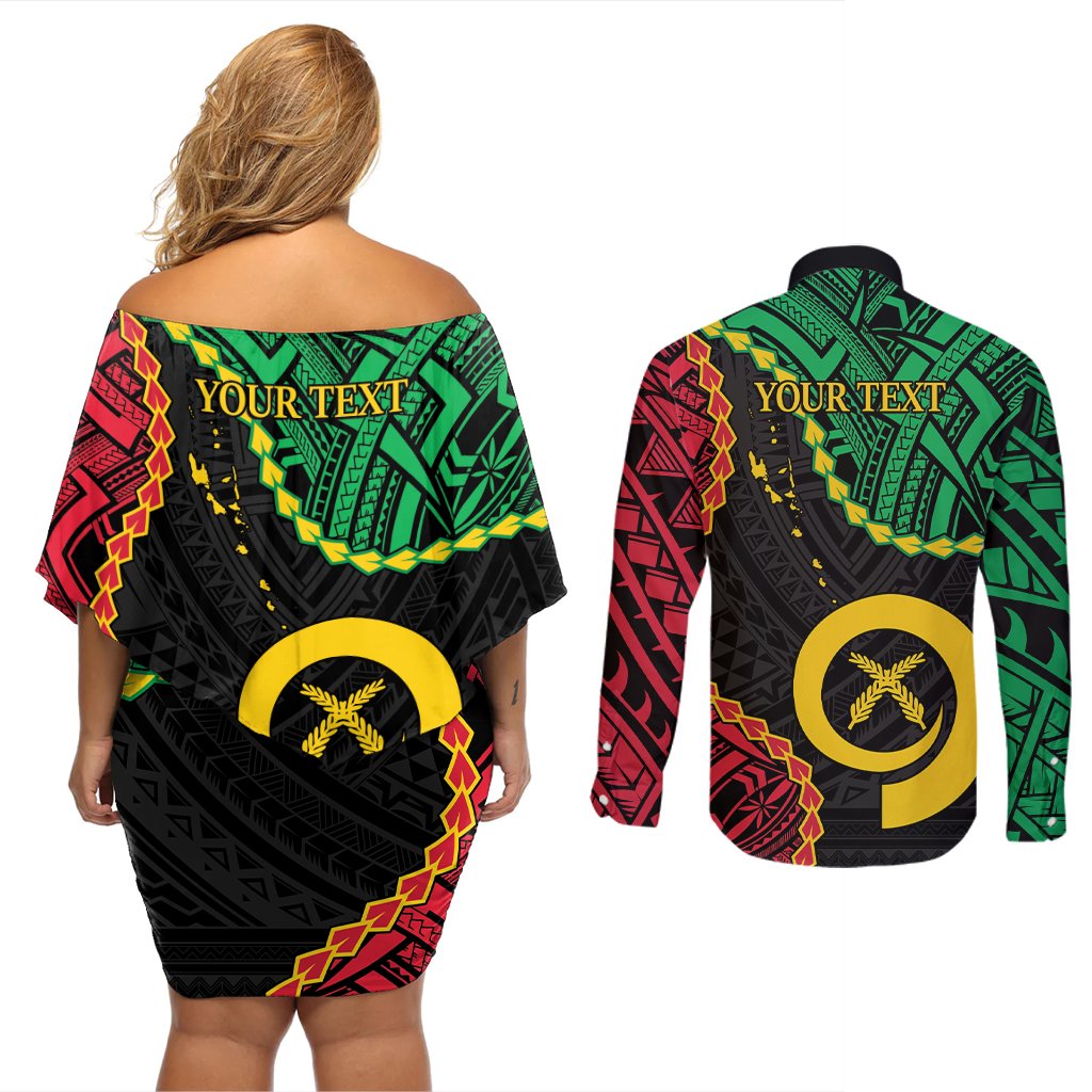 Personalised Vanuatu 44th Anniversary Couples Matching Off Shoulder Short Dress and Long Sleeve Button Shirt Tugeta Yumi Selebretem Indipendens Dei LT9 - Polynesian Pride