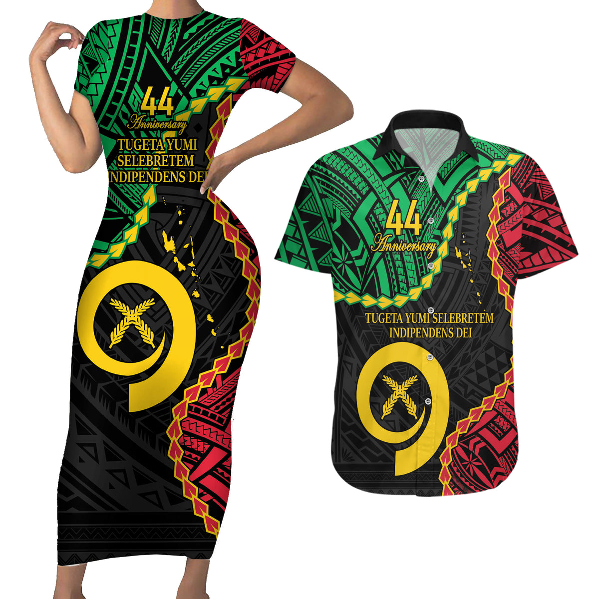 Personalised Vanuatu 44th Anniversary Couples Matching Short Sleeve Bodycon Dress and Hawaiian Shirt Tugeta Yumi Selebretem Indipendens Dei LT9 Black - Polynesian Pride