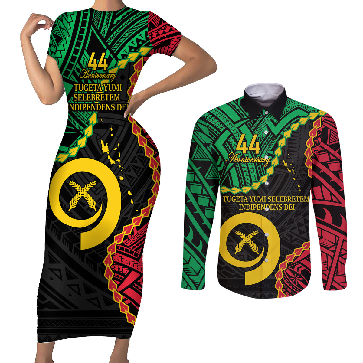 Personalised Vanuatu 44th Anniversary Couples Matching Short Sleeve Bodycon Dress and Long Sleeve Button Shirt Tugeta Yumi Selebretem Indipendens Dei LT9 Black - Polynesian Pride
