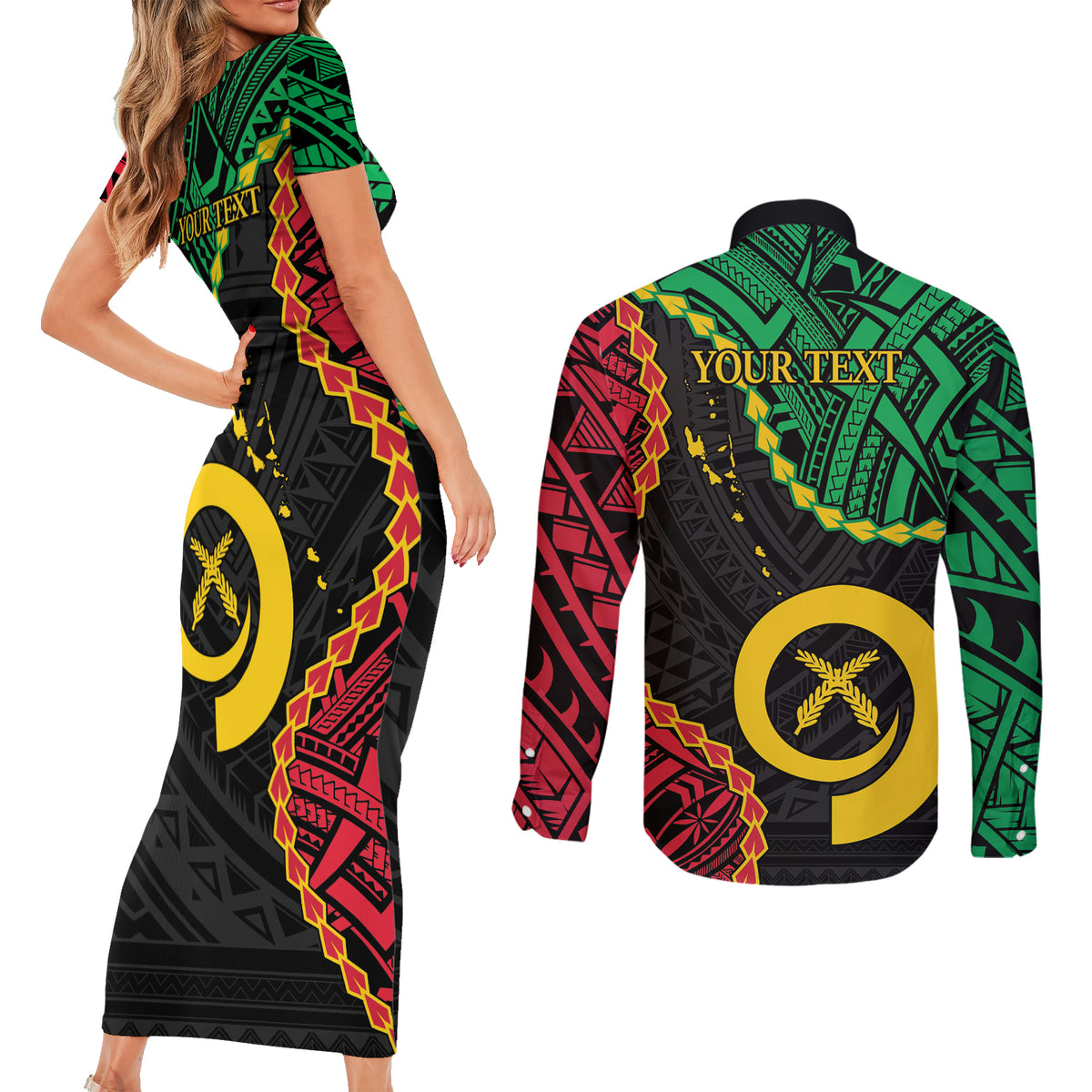 Personalised Vanuatu 44th Anniversary Couples Matching Short Sleeve Bodycon Dress and Long Sleeve Button Shirt Tugeta Yumi Selebretem Indipendens Dei LT9 - Polynesian Pride