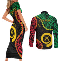 Personalised Vanuatu 44th Anniversary Couples Matching Short Sleeve Bodycon Dress and Long Sleeve Button Shirt Tugeta Yumi Selebretem Indipendens Dei LT9 - Polynesian Pride