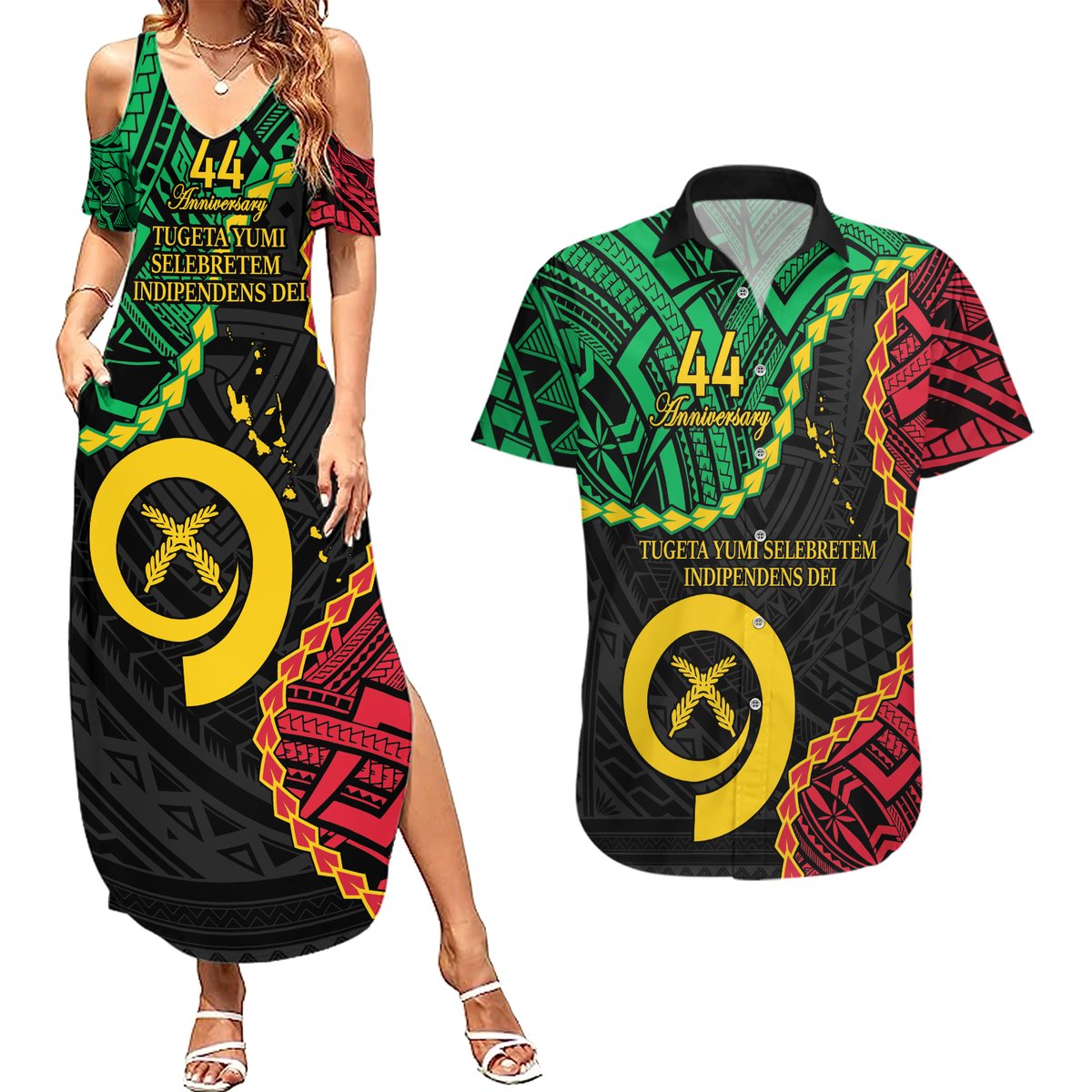 Personalised Vanuatu 44th Anniversary Couples Matching Summer Maxi Dress and Hawaiian Shirt Tugeta Yumi Selebretem Indipendens Dei LT9 Black - Polynesian Pride