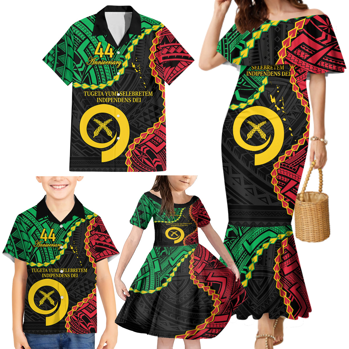 Personalised Vanuatu 44th Anniversary Family Matching Mermaid Dress and Hawaiian Shirt Tugeta Yumi Selebretem Indipendens Dei LT9 - Polynesian Pride